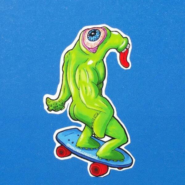 Skateboarding Cyclops, handmade sticker