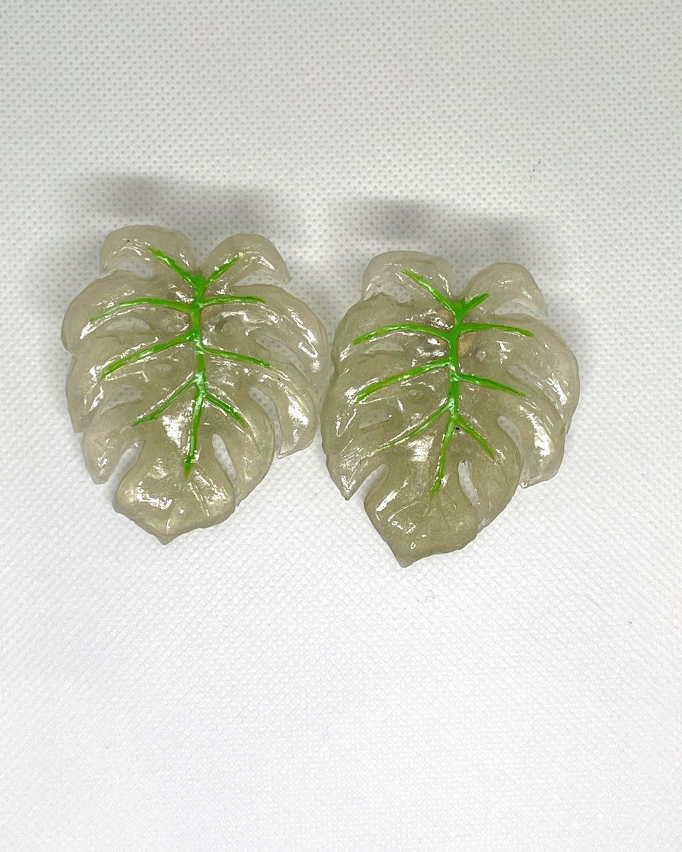 Resin Leaf Drop Earrings: Olive monstera
