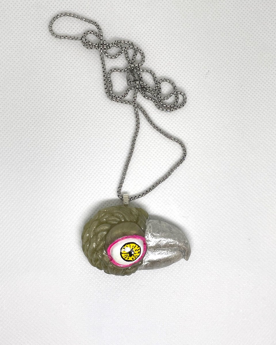 Creature Head Pendant: Olive parrot, silver beak